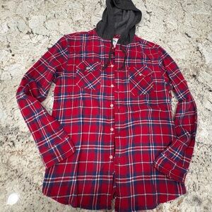 Casual Red Plaid Button-Down Shirt with Hood